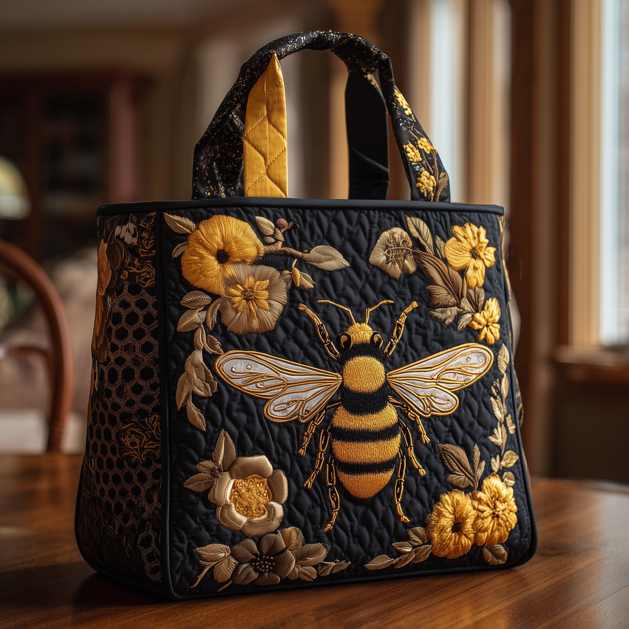 Luxury Quilted Bags - Luxury Black Gold Bee Quilted Tote