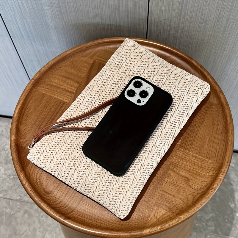 Wristlet Wallet Zipper - Natural Straw Woven Clutch Bag for
