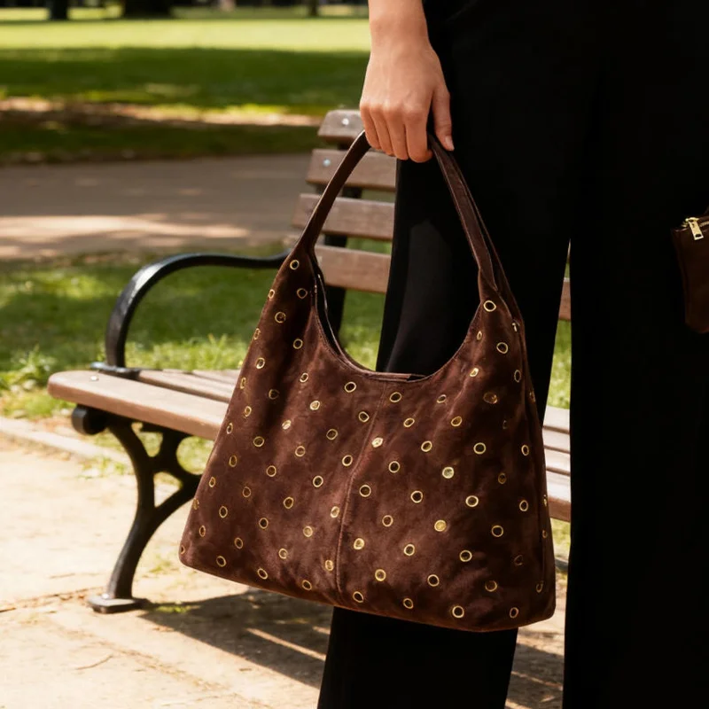 Suede Metal Studded Tote Bag w - Wristlet Wallet Zipper บทวิจารณ์และราคา