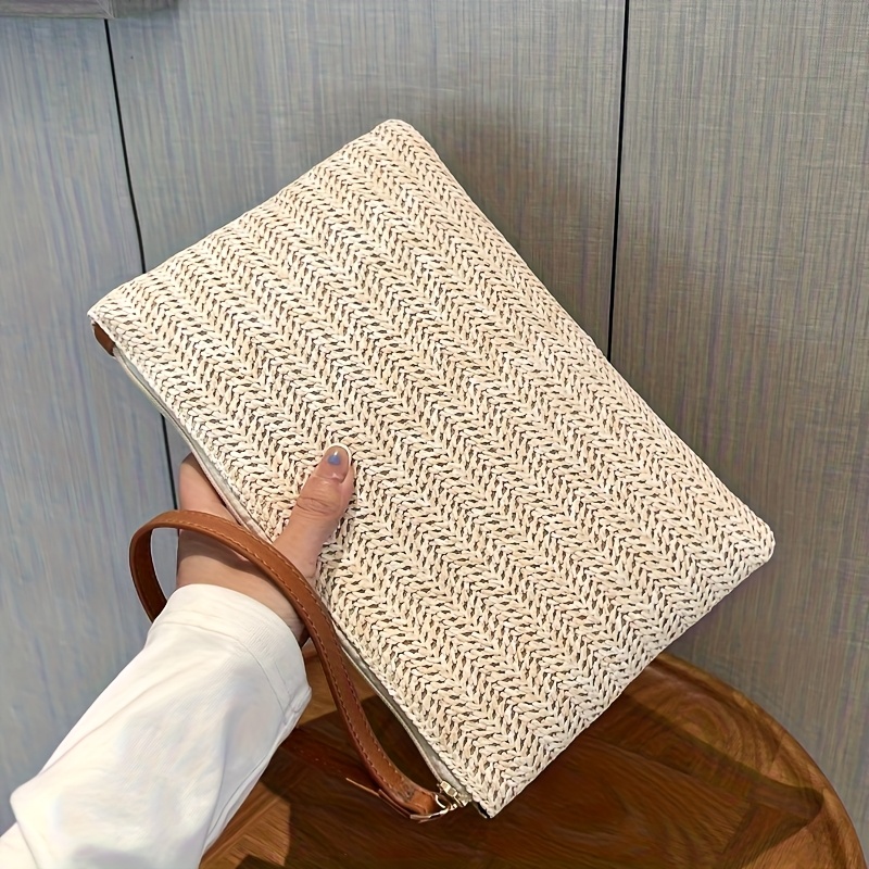 Natural Straw Woven Clutch Bag - Wristlet Wallet Zipper บทวิจารณ์และราคา