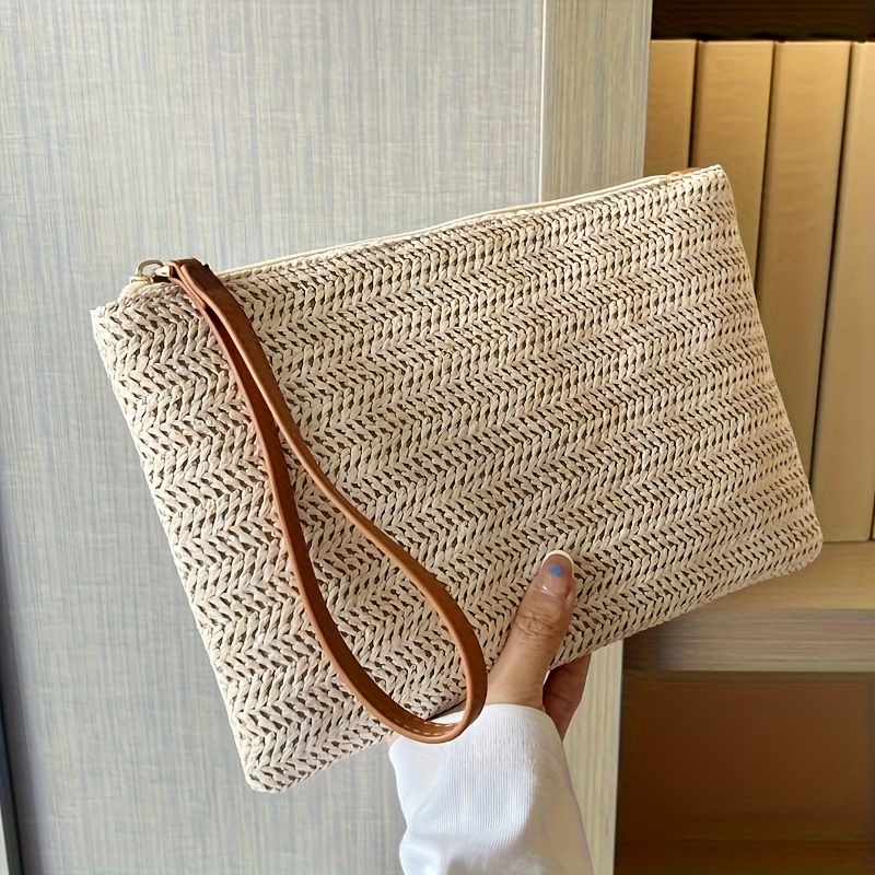 Natural Straw Woven Clutch Bag - Wristlet Wallet Zipper บทวิจารณ์และราคา